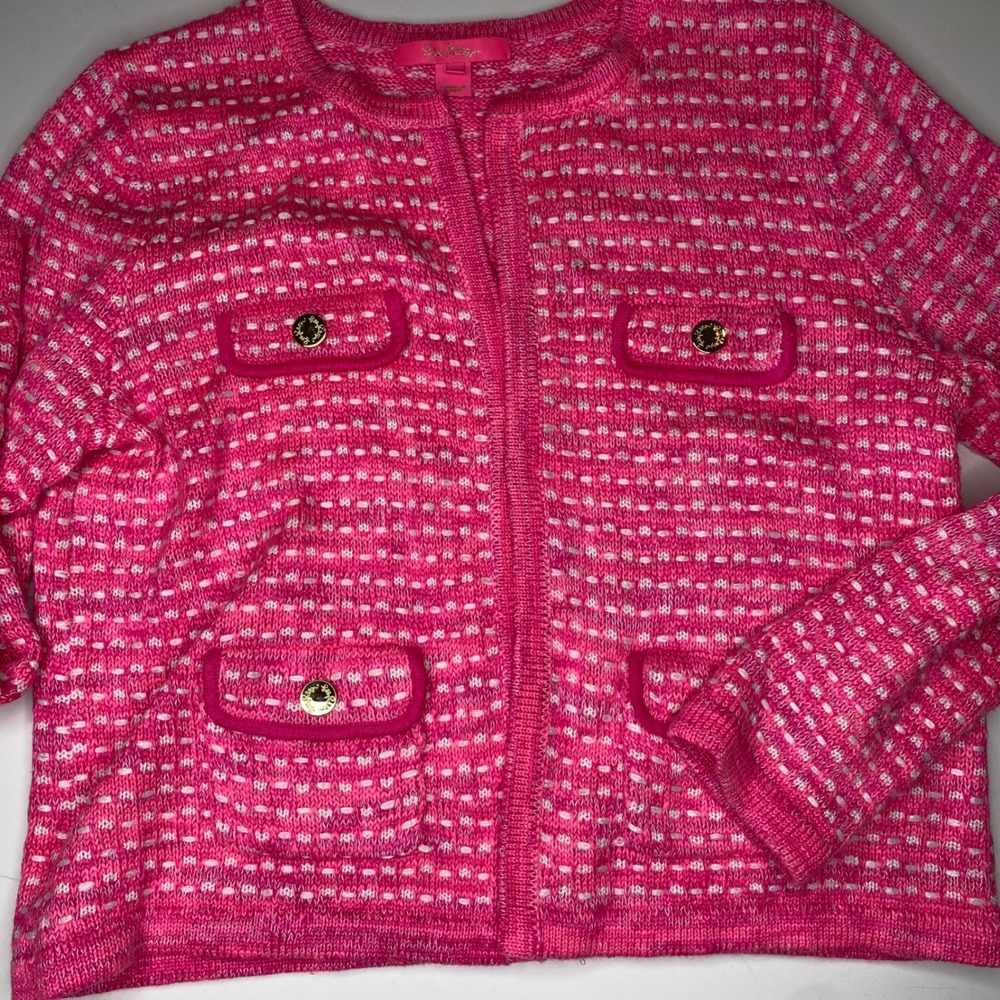 Lilly‎ Pulitzer Kienna Pink White Textured Knit m Cardigan Sweater Jacket Size L